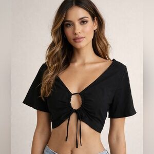 White Fox Black Crop Top Shirt Medium Whimsigoth Festival Dark Coquette